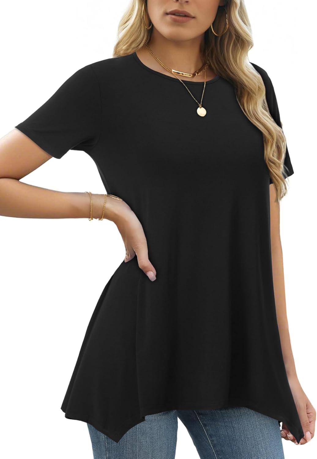 LYANER Women's Crewneck Short Sleeve Tunic Top Loose Flowy Irregular Hem Blouse - Image 4