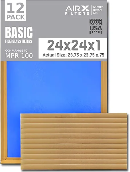 24x24x1 Air Filter Comparable to MPR 100 Basic Economy Furnace Filters, 12 Pack of Non Pleated Fiberglass Filter For Dust - Low Airflow Restriction! From AIRX FILTERS WICKED CLEAN AIR.