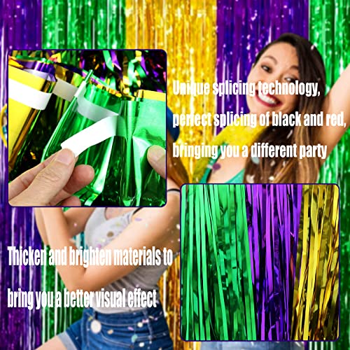 Image of 4 Pack Mardi Gras Foil Fringe Curtain Backdrop, 3.28Ft x 8.2Ft Gold Green Purple Metallic Tinsel Foil Fringe Streamers Curtains for Photo Booth, Wedding, Birthday, Carnival Party Decoration