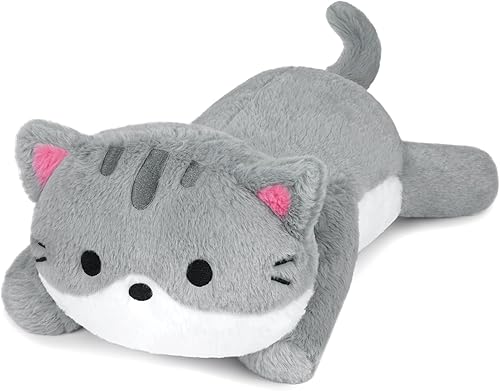 Animales de peluche con peso de gato, almohada de felpa con peso de gato de 18 pulgadas, 2 libras, suave Kawaii grande, color gris, regalo para niños