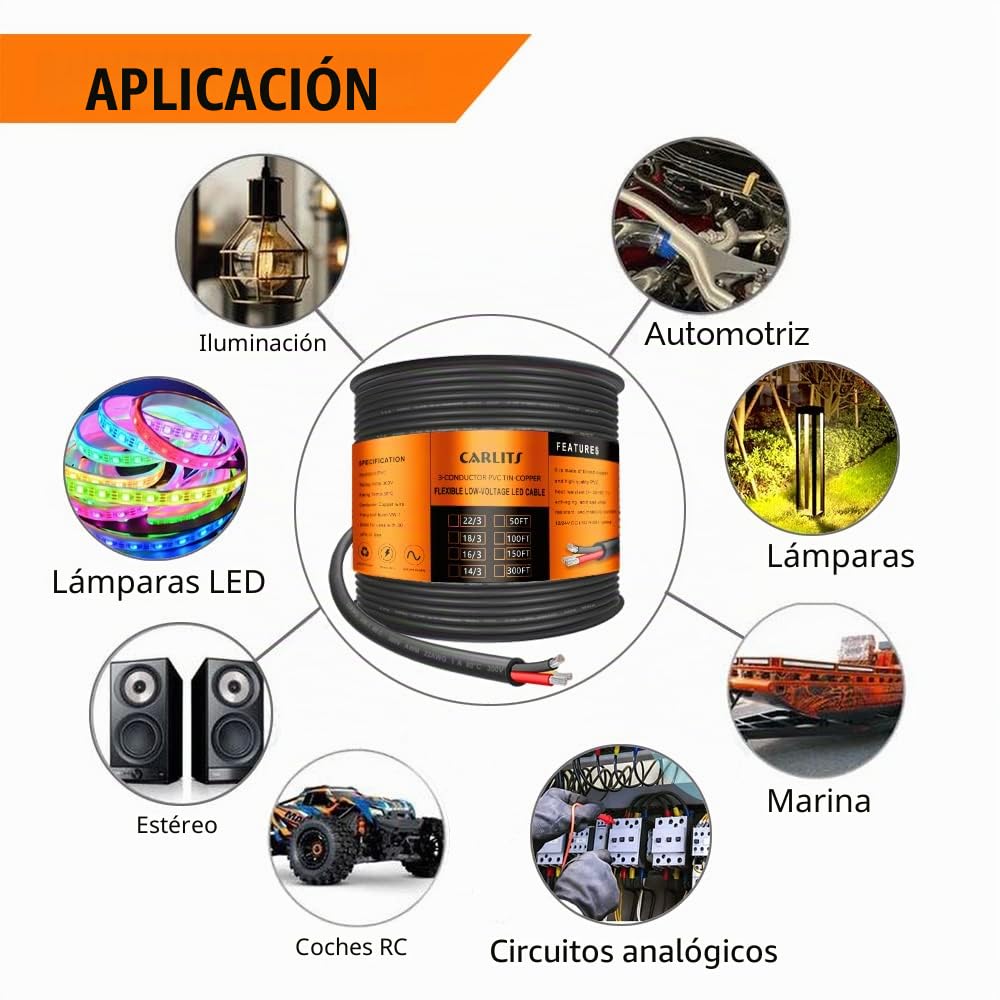 Cable Eléctrico de 3 Conductores de Calibre 16 3x1,3mm², 30.48M Cable Trenzado Negro de Bajo Voltaje 16/3 Caja de PVC, Cable de Alimentación de Extensión Flexible para Lámpara LED