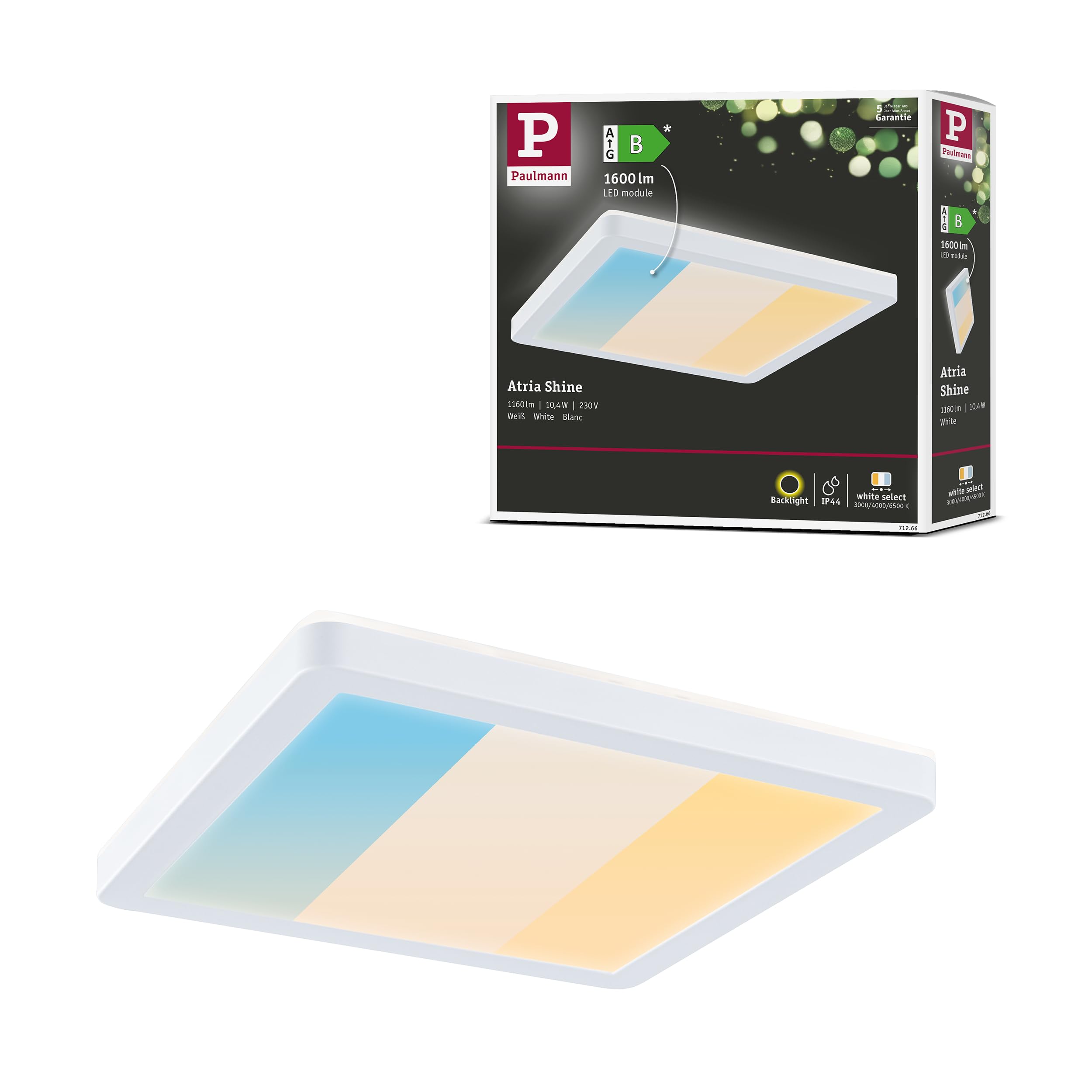 Paulmann 71266 LED Panels Atria Shine IP44 Angular 190x190 mm 8W 1160lm 3000-6500K White