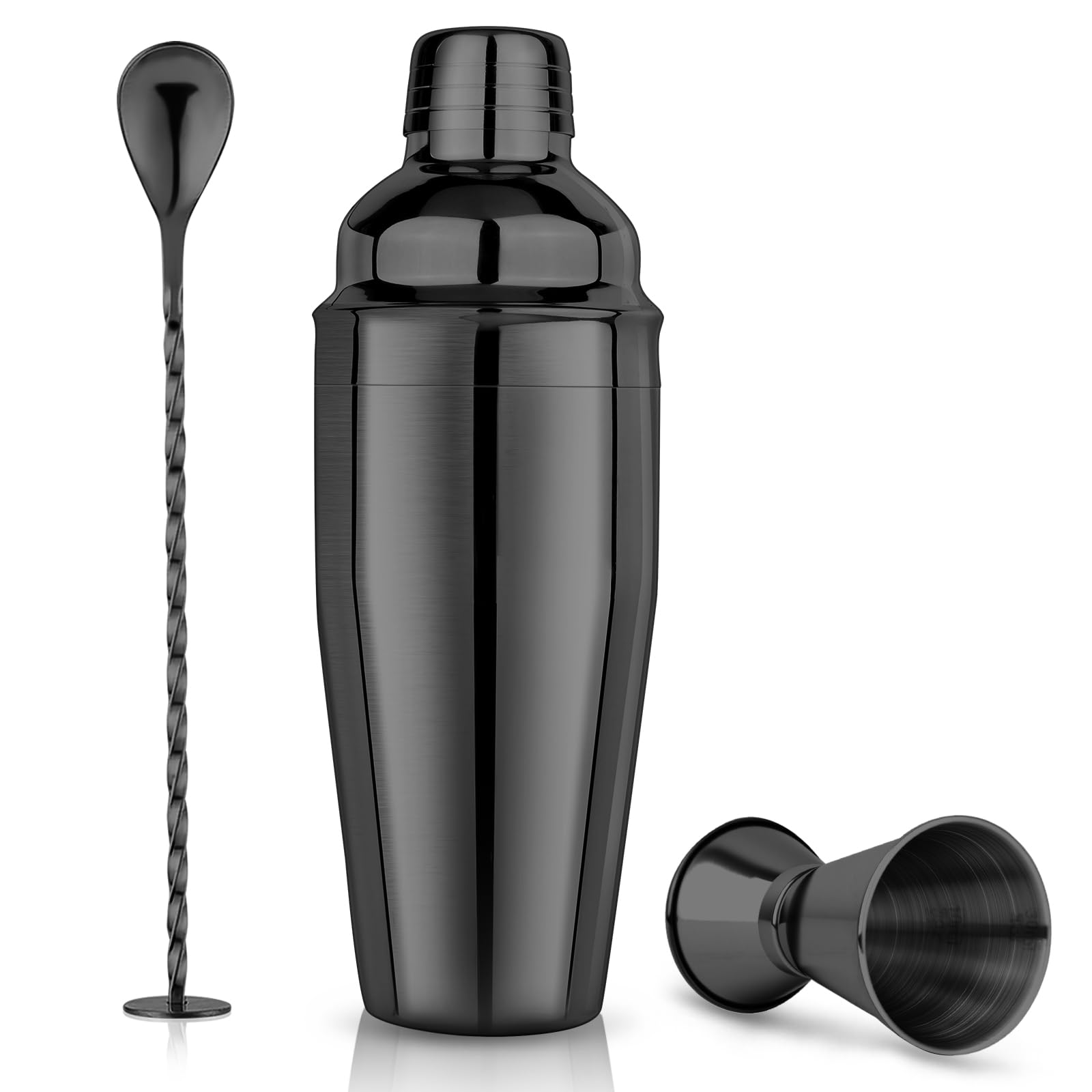 Cocktail Shaker Set 750 ml Cocktail Making Kit 3Pcs with Cocktail Shaker, Measuring Jigger and Mixing Spoon - Professional 18/8 Stainless Steel Cocktail Kit Bar Tools for Mixed Drinks, Black