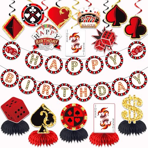 LARRAZABAL Casino Theme Party Decorations, Poker Party Decorations Include Happy Birthday Banner Hanging Swirls and Honeycomb Centerpiece Casino Poker Theme Birthday Party Supplies