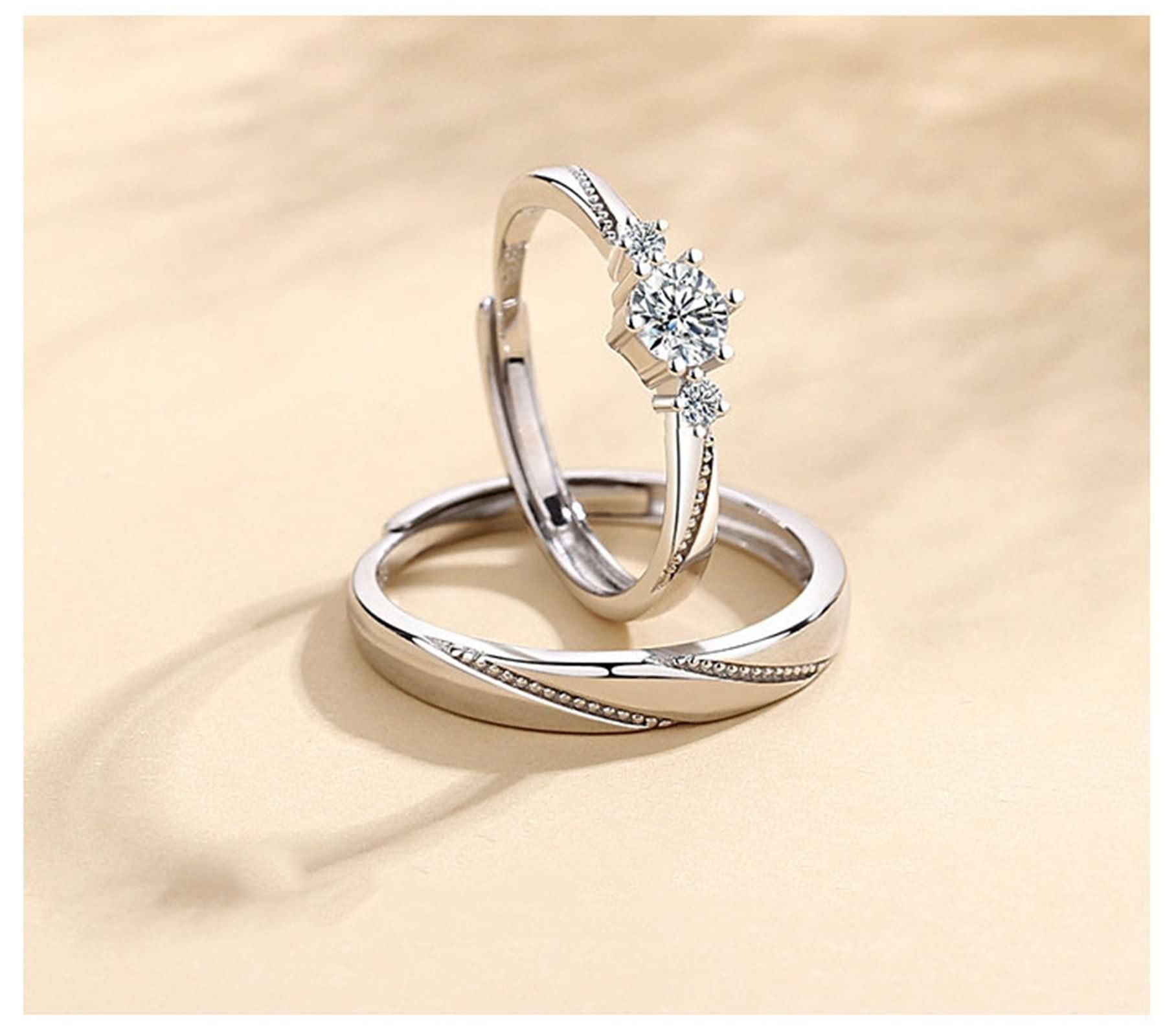 Anelli Fidanzamento Regolabili Coppia con Incisione Personalizzata Lui e Lei Argento 925, Rotondo con Zirconia Cubica, Anello Argento Donna Fidanzamento