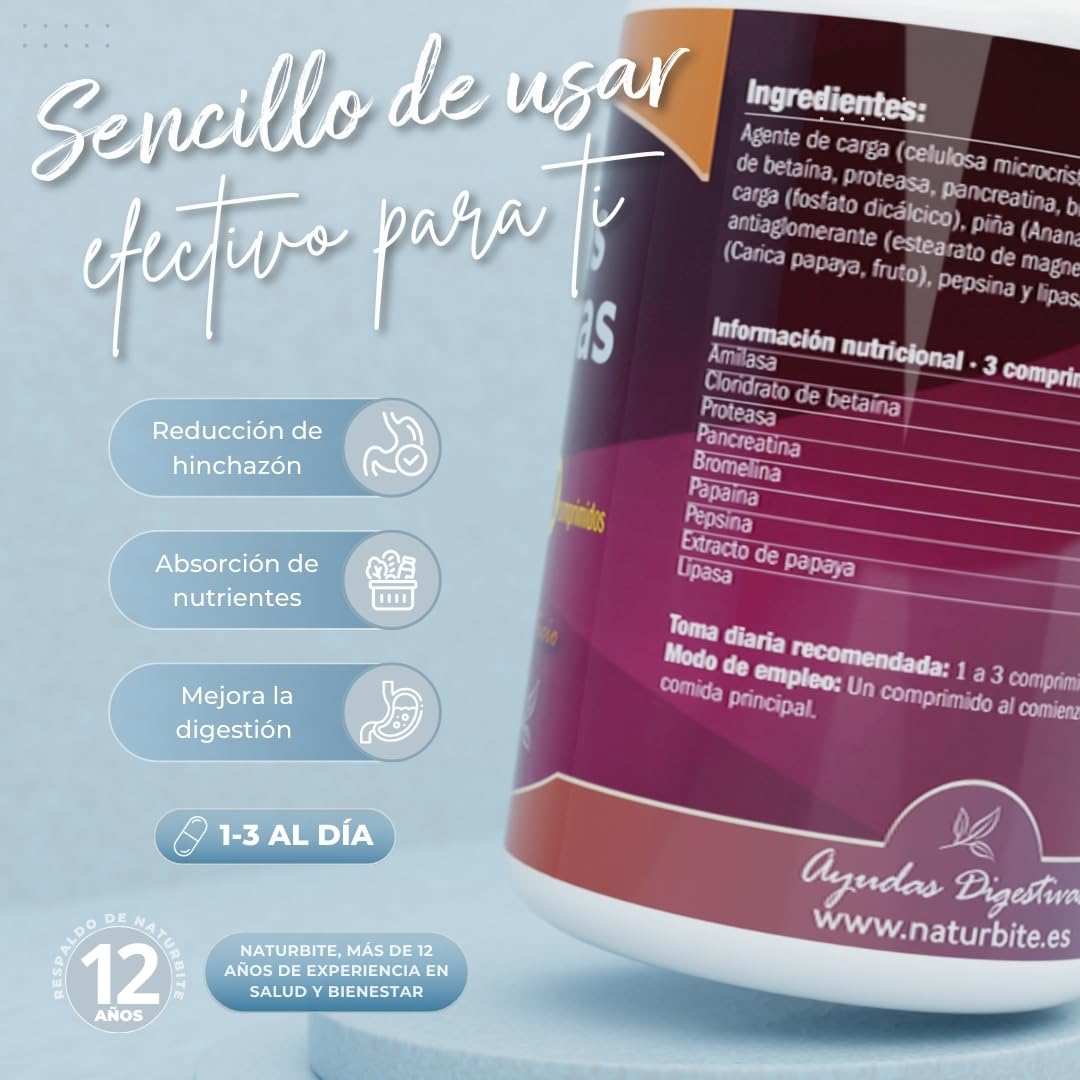 Naturbite Enzimas Digestivas, 250 comprimidos, Naturbite. Mejora del proceso digestivo facilitando la descomposición y absorción de los nutrientes de los alimentos