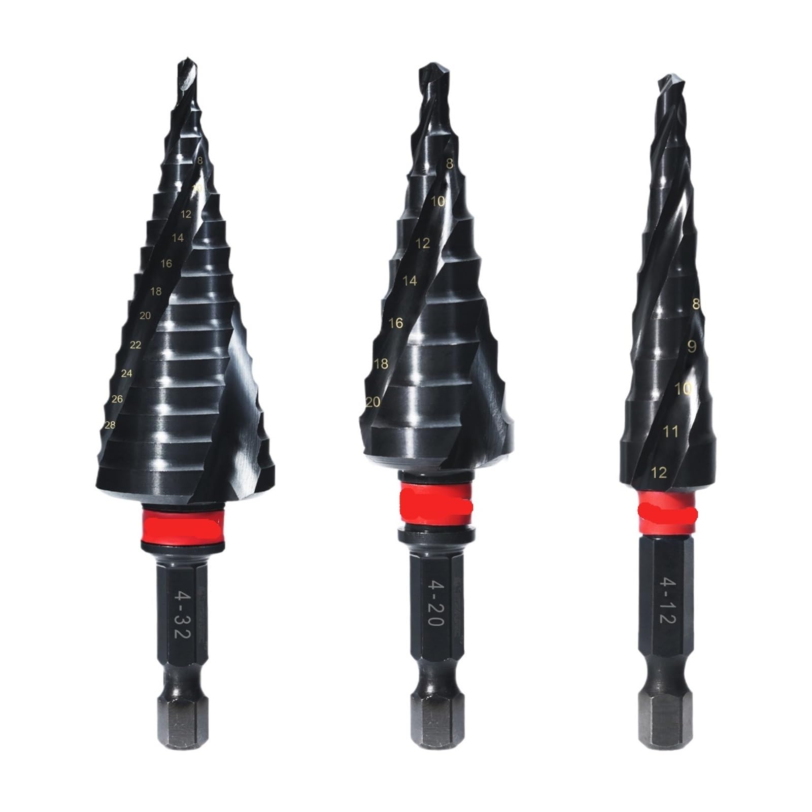 Juego de brocas escalonadas for metal | Métrico 4–32 mm, Unibit de flauta espiral, 3 piezas, revestimiento de AlTiN for acero inoxidable