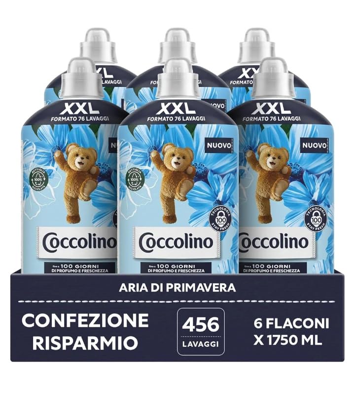 Coccolino Adoucissant concentré Spring Air pour machine à laver avec technologie Stay Fresh, notes fruitées, rose et bois de santal, taille XXL, jusqu'à 456 lavages, 6 paquets de 1750