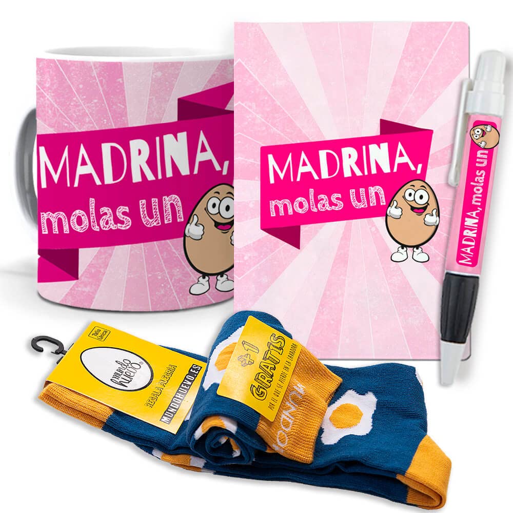 Super Regalo Personalizado para Madrinas. Madrina molas un Huevo. Taza, libreta, boli y Trio de Calcetines