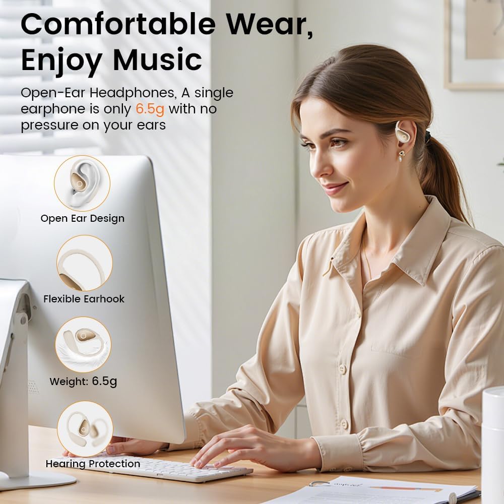 Open Ear Earbuds wireless bluetooth Headphones 5.4 Sports with Smart Digital Display,Clear Calls,50H Playtime,IPX4 Waterproof,Lightweight Over Ear Buds Design for Cycling, Running, Workout(Beige) - Image 2