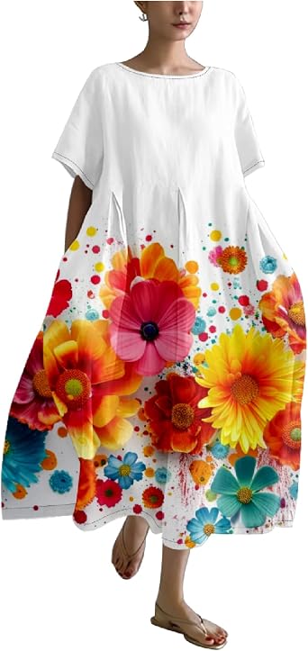 Summer Maxi Dresses for Women 2024 Linen Floral Paint Oversized Fashion Crew Neck Short Sleeve T Shirt Dress High Waisted Sundress Suitability Go Vacationing,Yellow Sunflower,S, Small