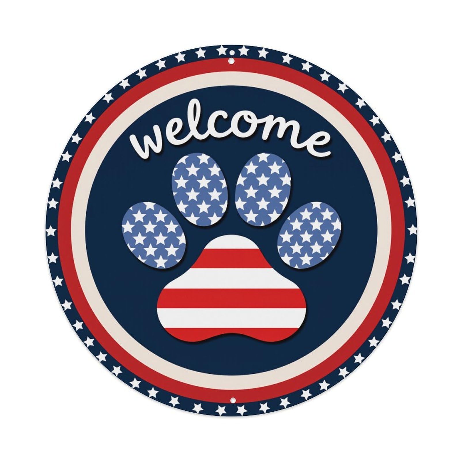 American Flag Paw Print Design Round Tin Sign Vintage Metal Poster Retro Bar, Home, Man Cave, Kitchen, Laundry Room Wall Art Decor Gift 8x8Inch