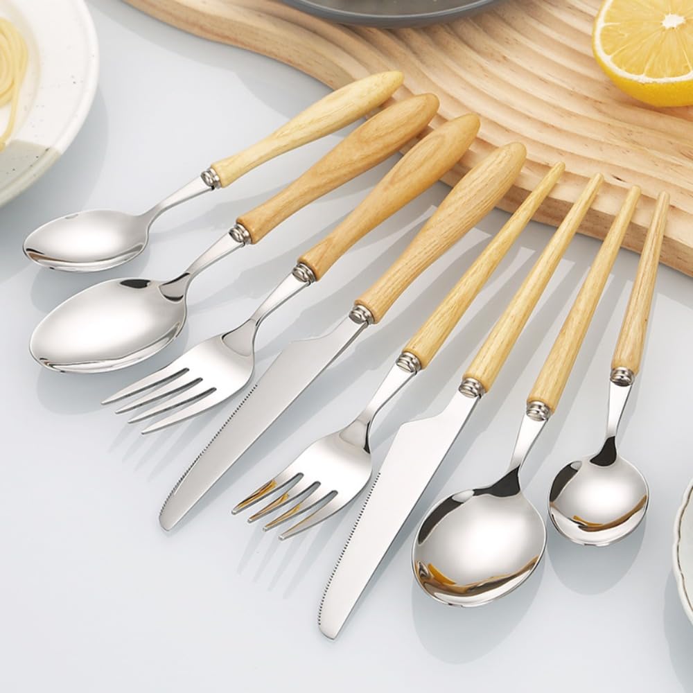 Couverts de Cuisine en Bois de frêne Massif, Couverts en Acier Inoxydable, Couteaux et fourchettes en Acier, Couverts pour la Maison, Les fêtes et Les Restaurants (Manche en Gourde