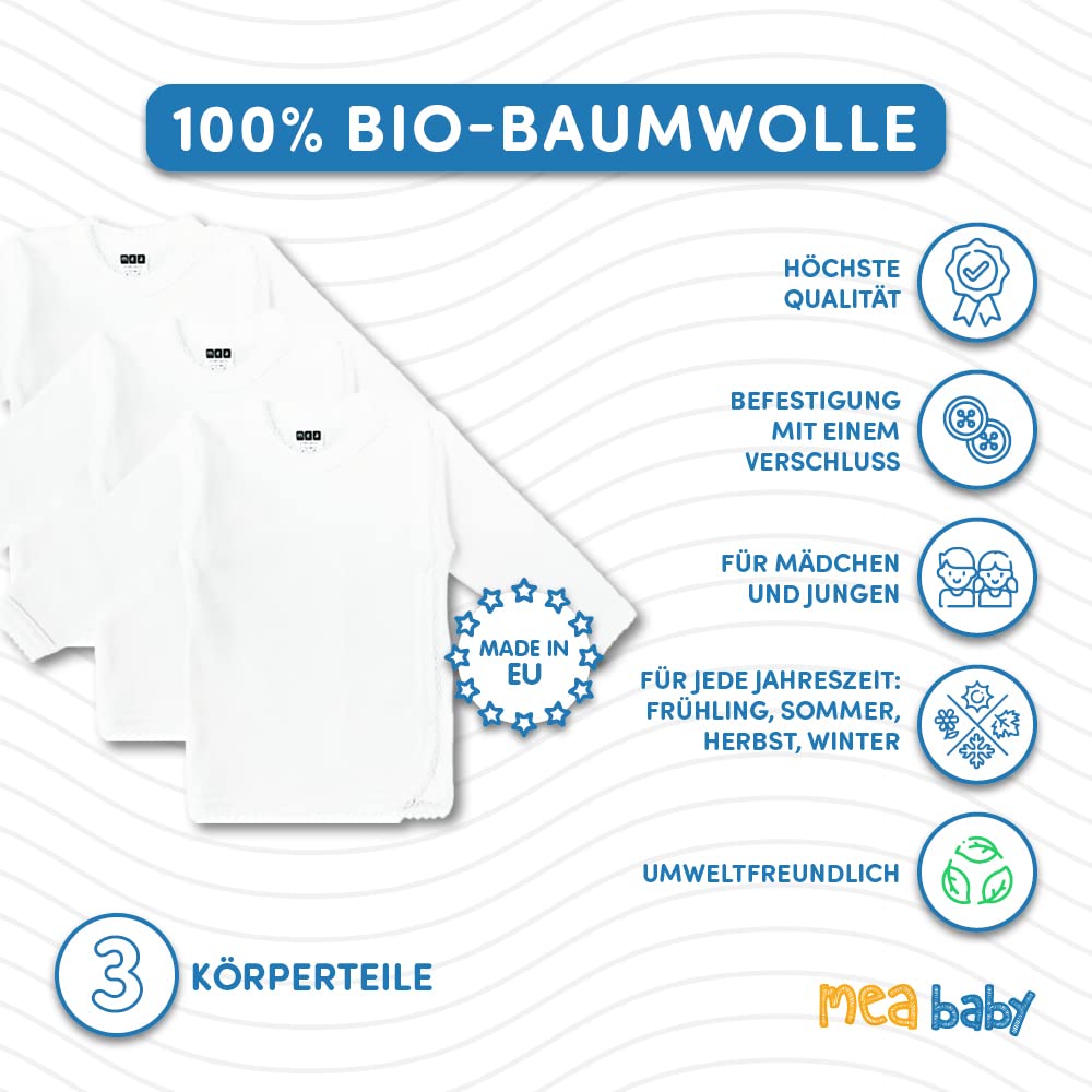MEA BABY Unisex Baby Wickelshirt Wickeljacke Langarm, 100% Bio-Baumwolle im 3er Pack. Wickelshirt Weiss (Creme), Wickelshirt für Mädchen, Wickelshirt für Junge