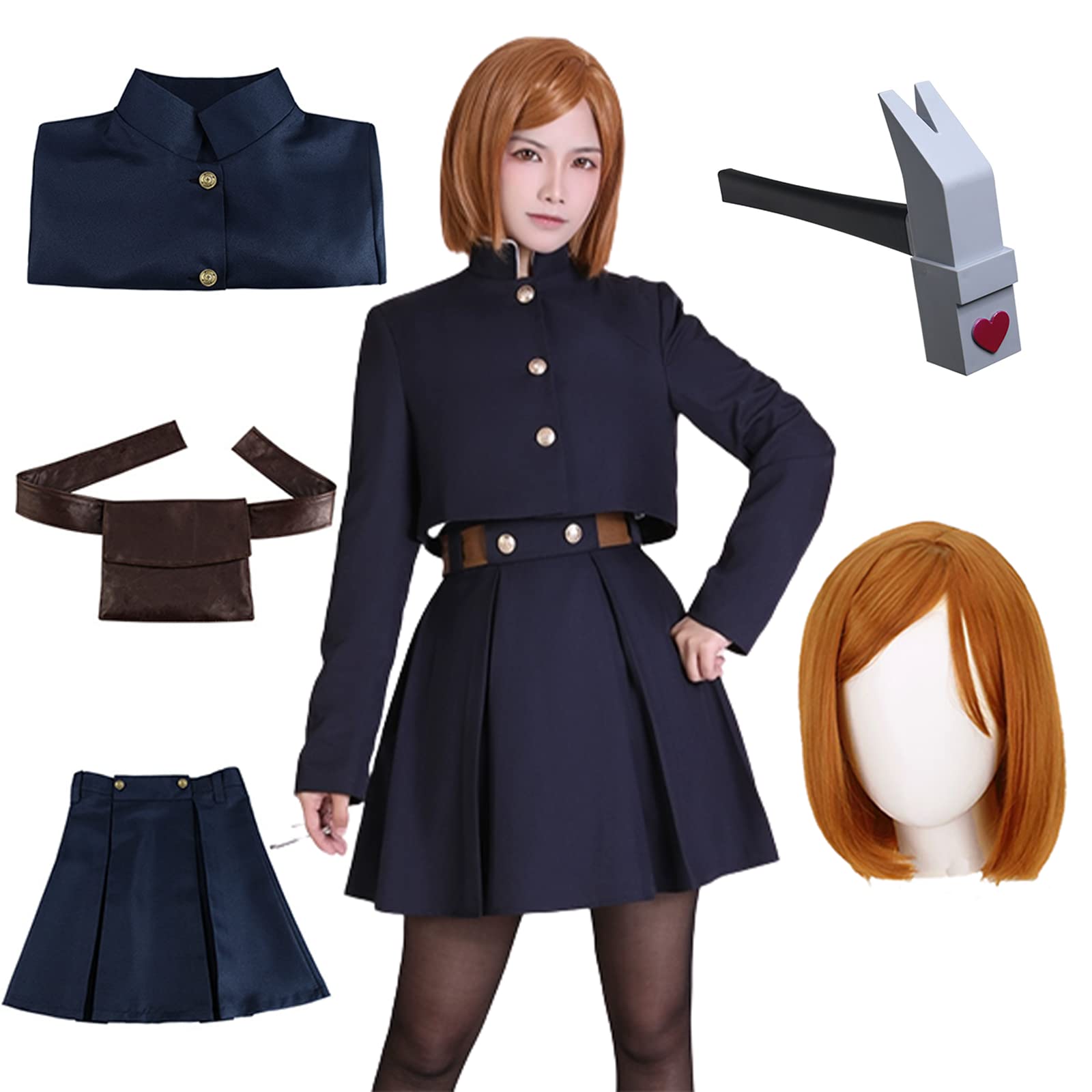 GenericNobara Cosplay, Nobara Kugisaki Cosplay, Anime Cosplay for Women College Uniform With Fanny Pack/Wig/Props Hammer