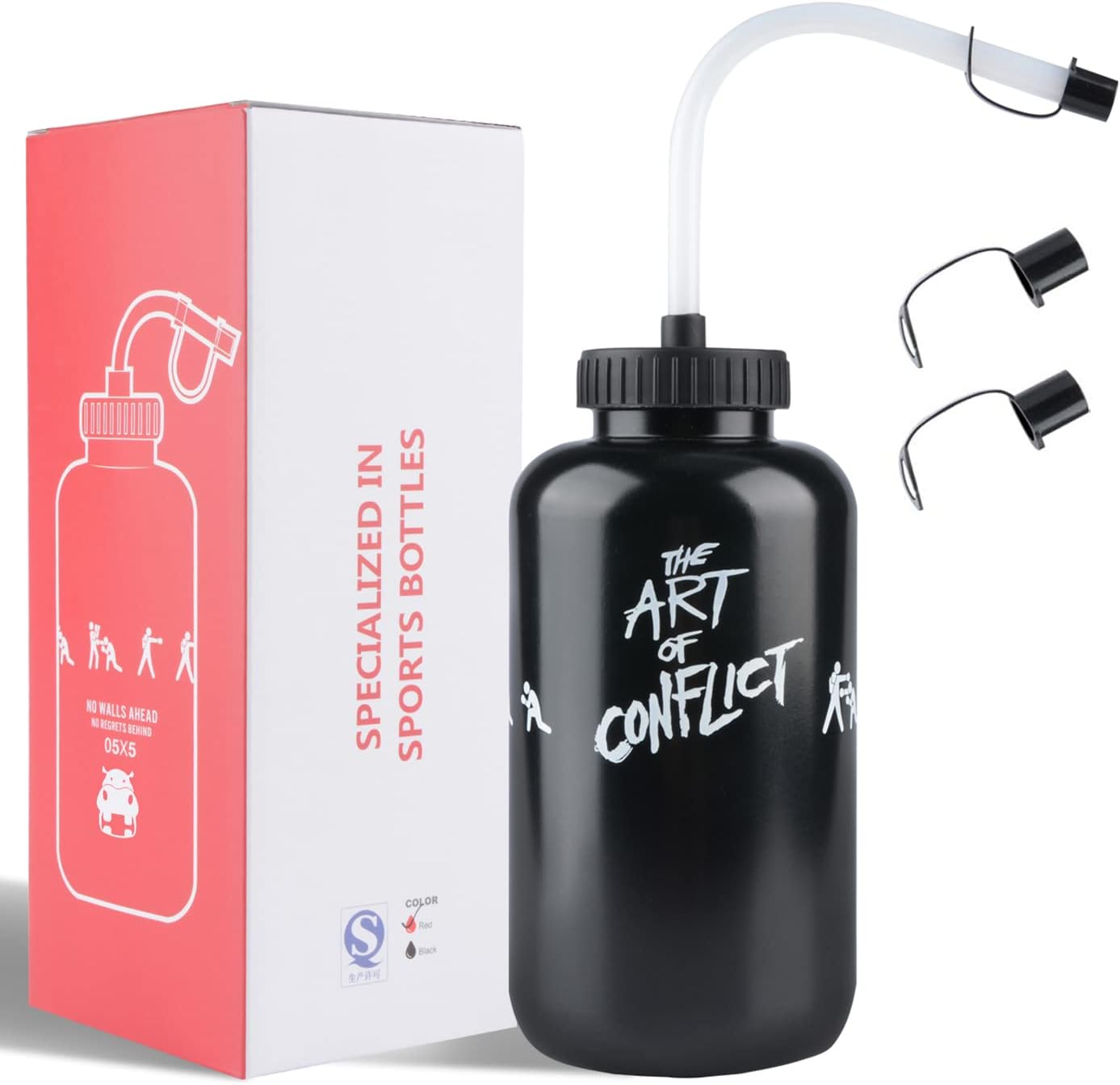 SHOKE Long Straw Water Bottle Hockey Boxing 1 Liter Water Bottle Football BPA Free Squeeze Leak Proof Sports Water Bottles for Baseball Lacrosse Cycling Sport Large Capacity 32 Oz/1 Liter-Black