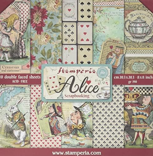 STAMPERIA Small Paper Pad 10 Sheets Double Sided Alice Multi-Colour, 20.3 x 20.3 (8" x 8")