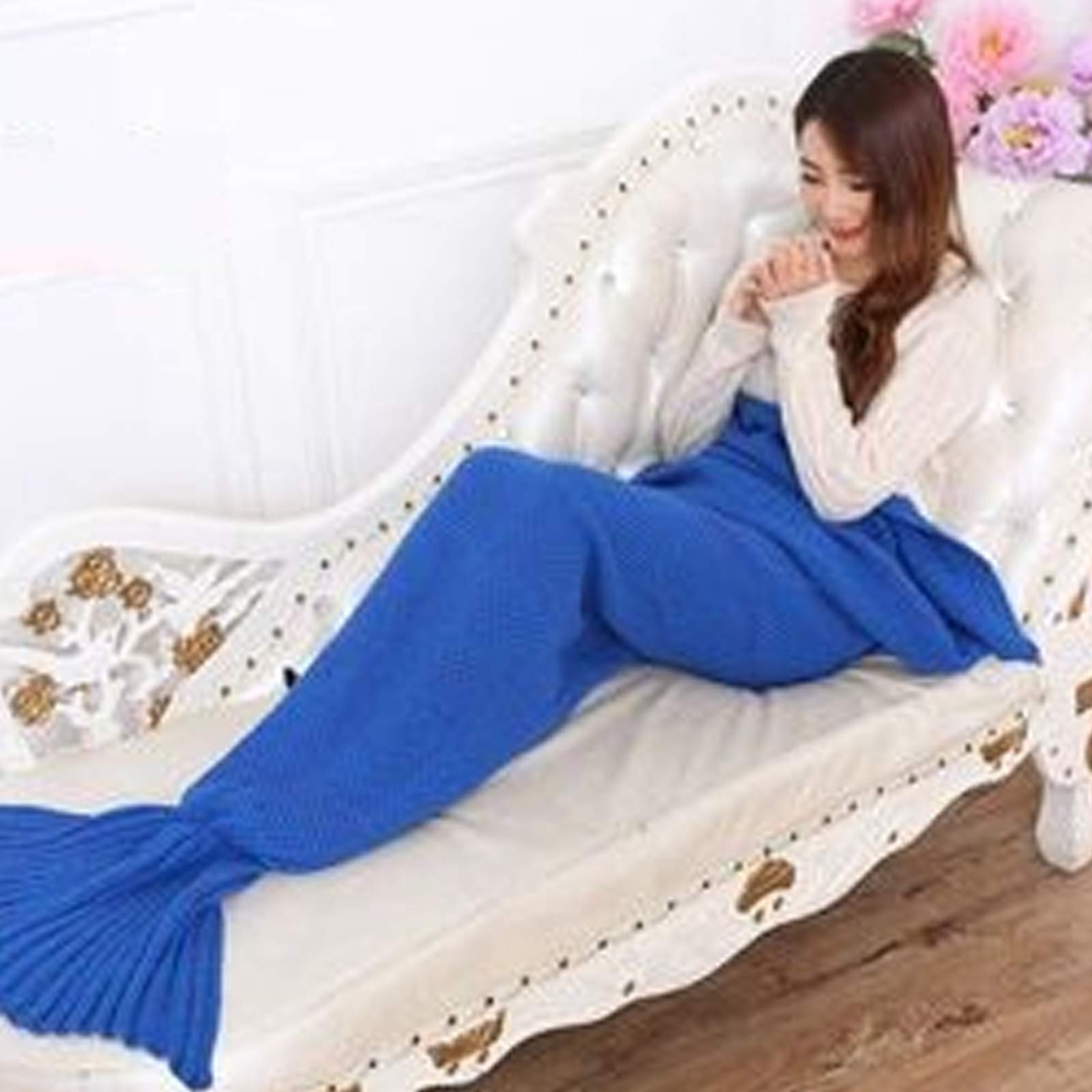 BWBG Mermaid Tail Blanket dark blue, Knitted Blankets Super Soft And Warm Winter Mermaid Blanket Adult Mermaid Tail Blanket Kids Mermaid Tail Blanket For Girls-195x90cm