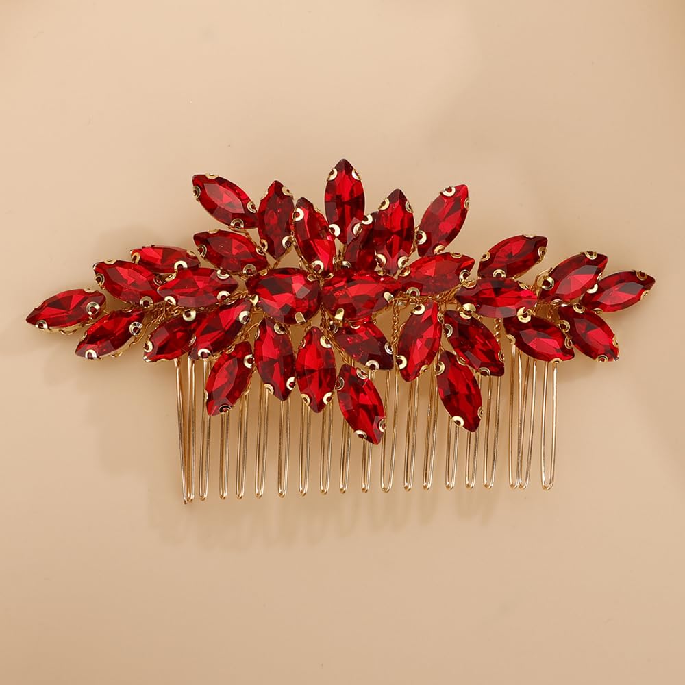 Missgrace Bridal Gold Silver Pink Rhinestones Hair Comb Sparkling Dainty Black Rhinestones Headpiece for Women Elegant Hair Comb Hair Accessoires for Bride Women (Red)