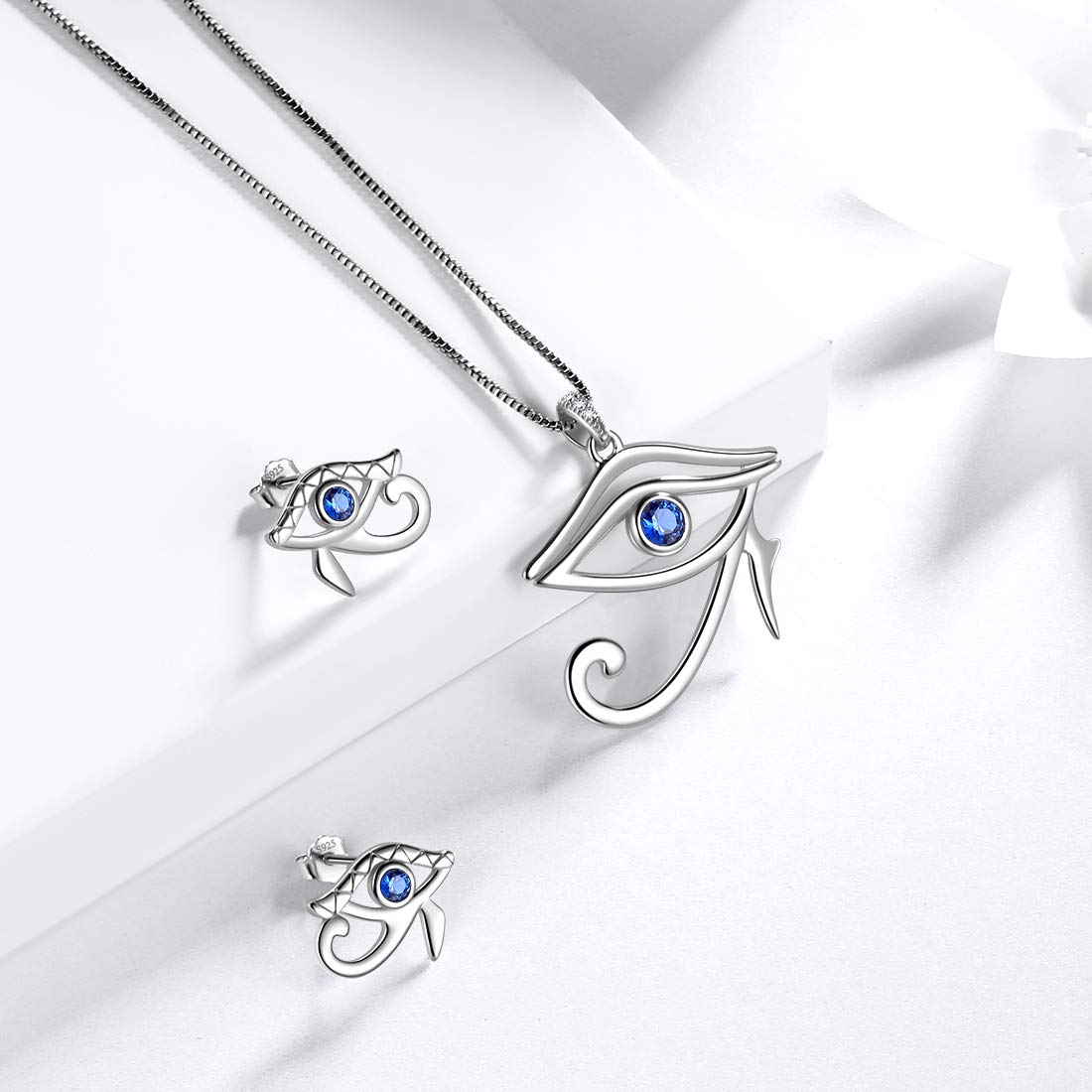 Aurora Tears Egyptian Eye of Horus Necklaces/Stud Earrings/Jewelry Set 925 Sterling Silver Evil Eye Pendant/Earring/Set Jewelry for Men and Women