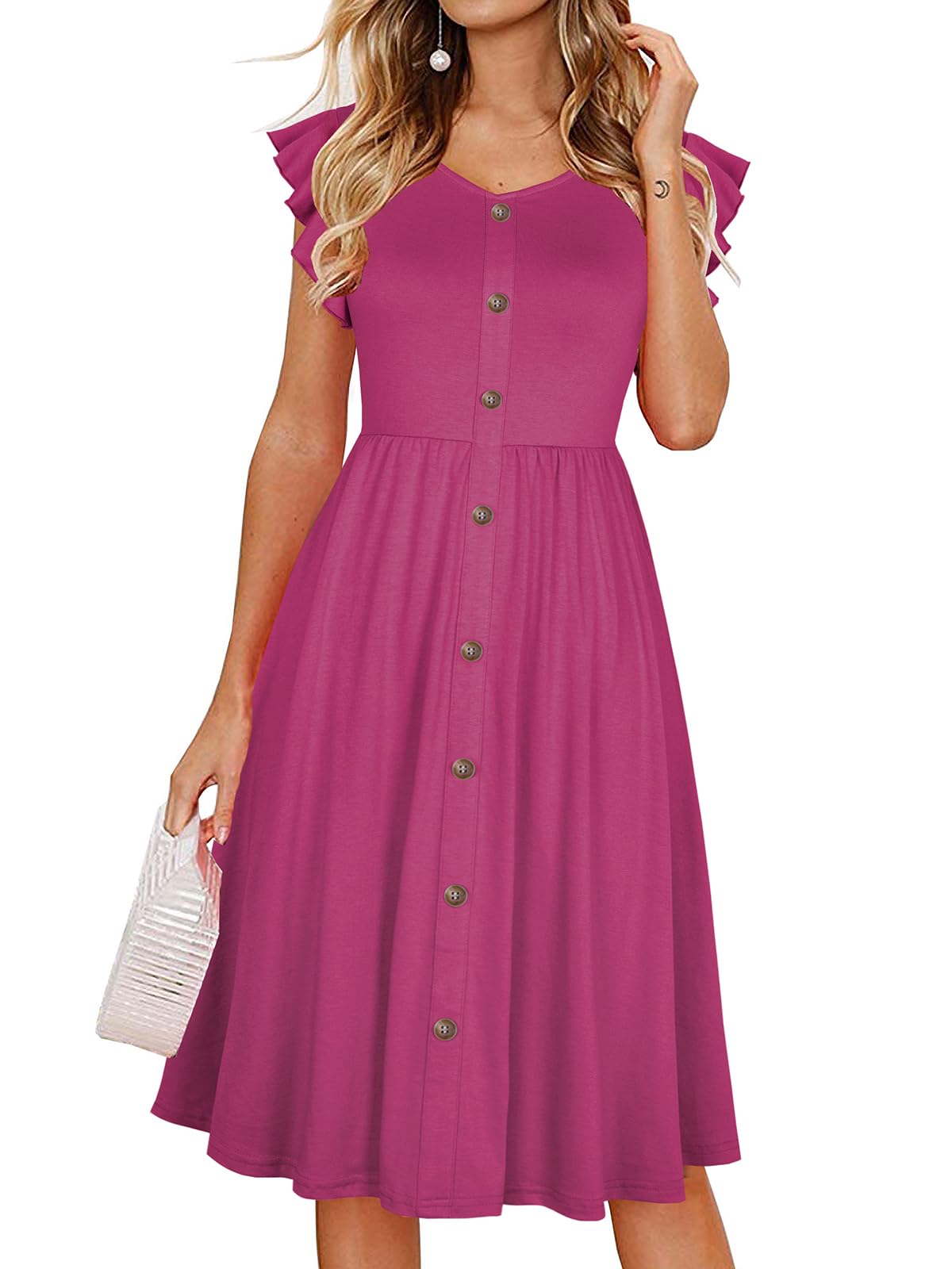 Lamilus Women's Casual Summer Dresses 2025 Ruffle Sleeves V-Neck Button Down Midi Swing Party Dress