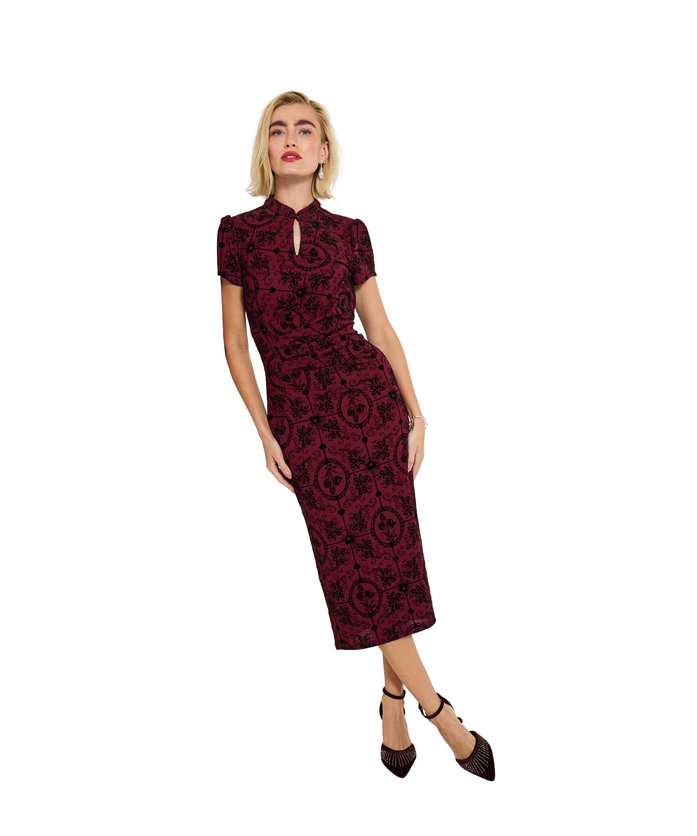 Joe Browns Women's Flocked Stretch Midi Dress, Regular, Red, UK 18