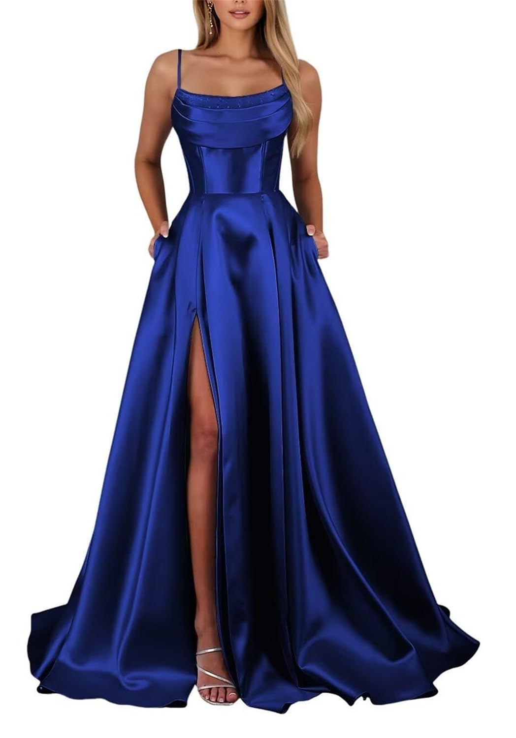 KIYNE Royal Blue Satin Prom Dresses with Slit for Women Sleeveless A Line Ball Gown Corset Formal Evening Dress UK6