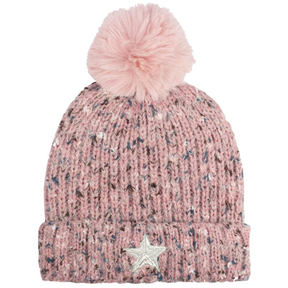 Teddyt's Women's Pink Star Fleece Lined Knit Thermal Bobble Hat (Pink)