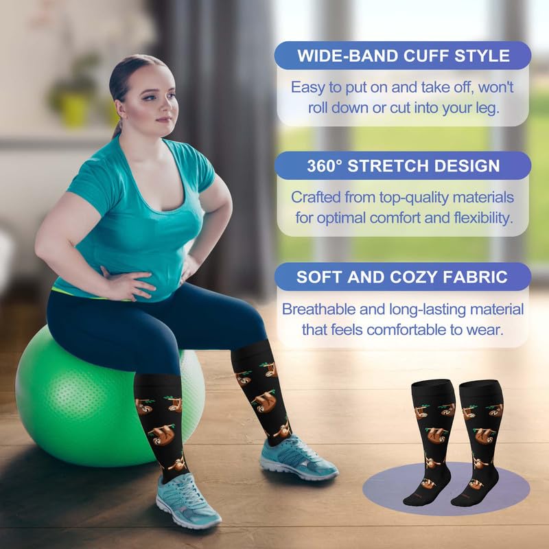 Image of Plus Size Compression Socks for Women Men, Wide Calf Extra Large, 15-20 mmHg, Knee High, for Nurses Pregnant Travel