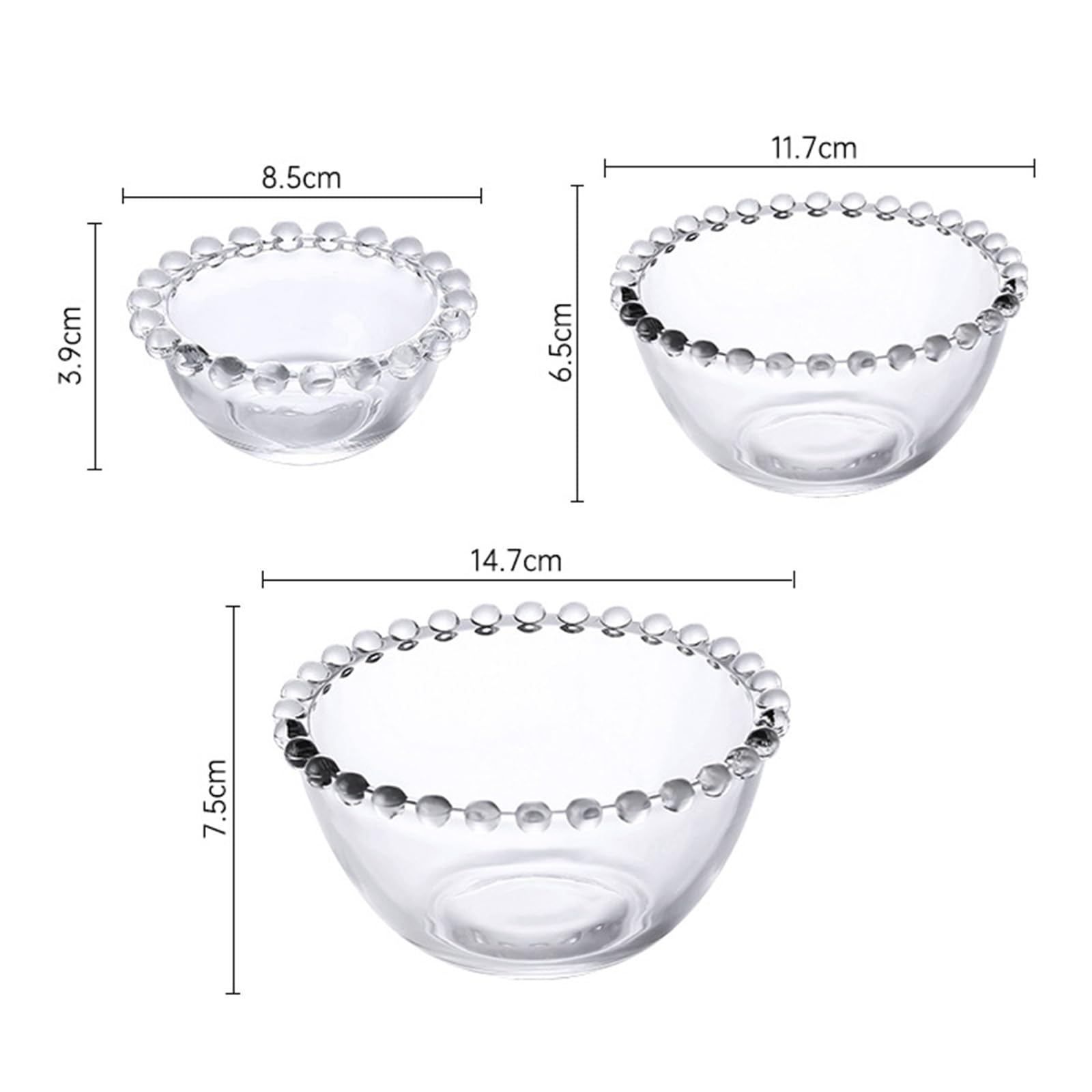 Tazones de vidrio, 3 cuencos de ensalada de vidrio transparente, cuencos redondos de punto de cuentas, cuencos de frutas decorativos, cuencos de ensalada para postres de helado, alimentos