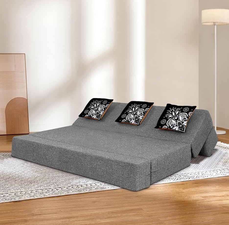 Image of Rosebell Three Seater Sofa Cum Bed | Jute Fabric Washable Cover | with 3 Printed Cushions Perfect for Guest | Grey | 5' X 6' Feet