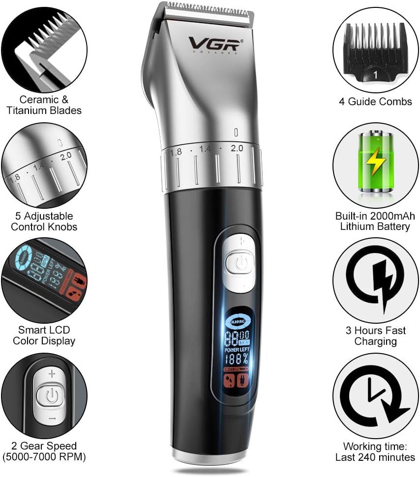 Diagram showing VGR Hair Clipper features: Ceramic & Titanium Blades, 5 Adjustable Control Knobs, Smart LCD Color Display, 2 Gear Speed, 4 Guide Combs, Built-in 2000mAh Lithium Battery, 3 Hours Fast Charging, 240 Minutes Working Time