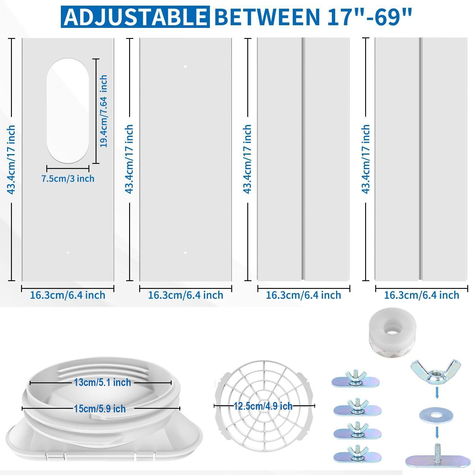 Kit de ventilación de Ventanas Aire Acondicionado - para Manguera de Escape de 13 cm en Sentido antihorario/en Sentido horario y de 15 cm en Sentido antihorario, para 43-140 cm Ventana - Sin manguera