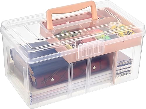 Miniatura 9 de BTSKY Caja de almacenamiento dividida de plástico transparente de 2 capas con bandeja extraíble, caja de almacenamiento multiusos de papelería con
