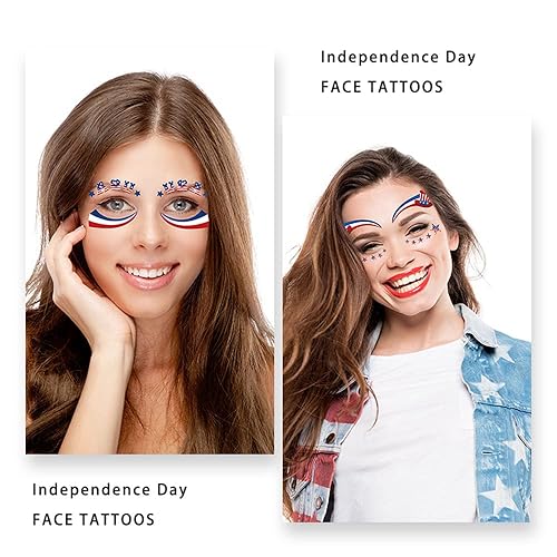 Miniatura 3 de Calcomanías temporales para tatuajes del 4 de julio, Día de la Independencia, 20 hojas de calcomanías de bandera, calcomanías de maquillaje para