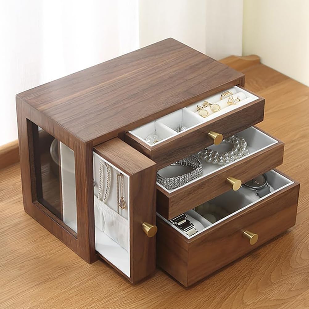 Lshtshf-ou Jewelry Storage Box Wooden Multi-Layer Earrings Rings Necklaces Bracelets Watches Hairpins Drawer - With Three Drawers