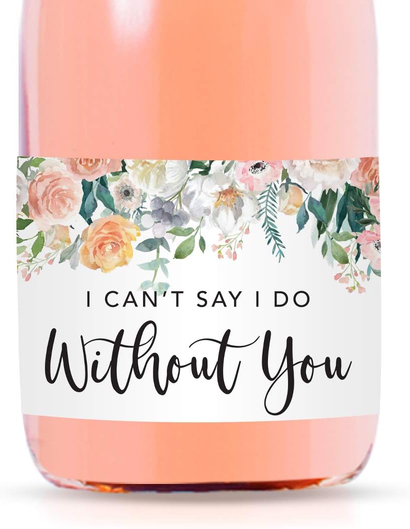 Andaz Press Bridesmaid Proposal Mini Wine Labels for Bottles, I Can't Say I Do Without You, Peach Coral Floral Roses, 20 Pack Custom Mini Champagne Bottles Bulk Waterproof Mini Wine Bottle Labels