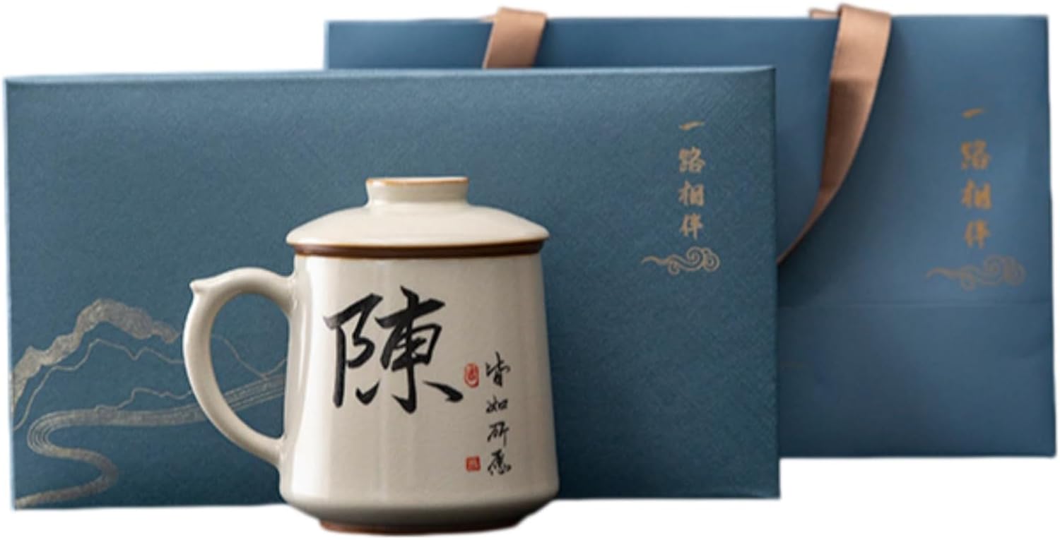 标准-汝窑手写姓氏杯-陈-礼盒装 Glass Tea Cup,Ceramic cup Set,Zi Sha Tea Cup,Ceramic Teapot,Purple Clay Tea 手写姓氏办公杯茶水分离 Ceramic Coffee Mugs Set,Microwave & Dishwasher Safe,Gift for Man and Women