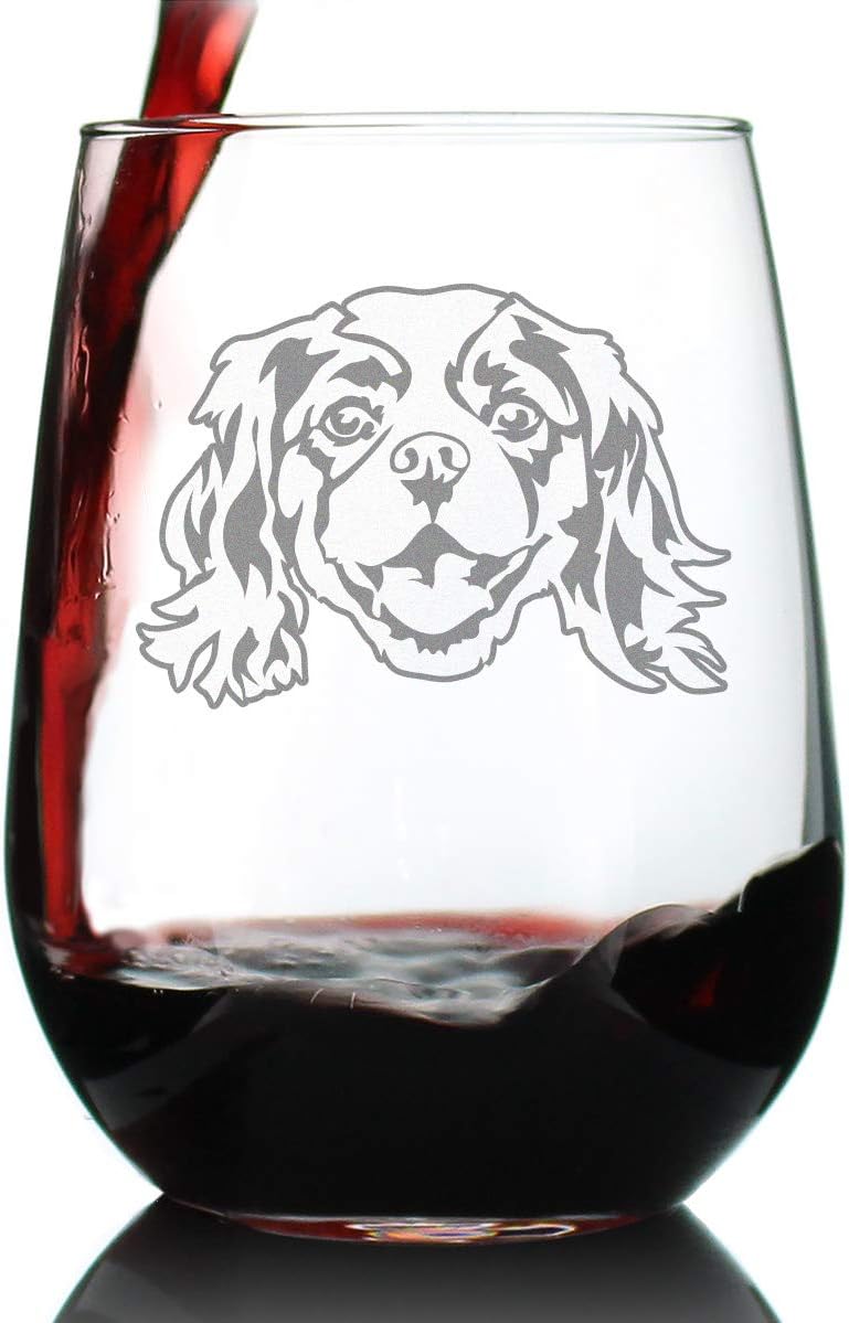 Custom Cavalier King Charles Spaniel Stemless Wine Glass - Cute Dog Themed Decor and Gifts for Moms & Dads of Cavaliers - Large 17 Oz - Customized Glasses