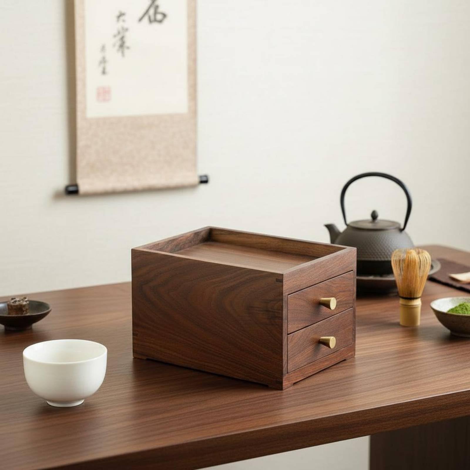 Cassettiera a Doppio Cassetto Organizer Scrivania Legno Compatto Box Portaoggetti Vassoio Incassato Manopole Ottone Adatta per Soggiorno Ufficio Toeletta