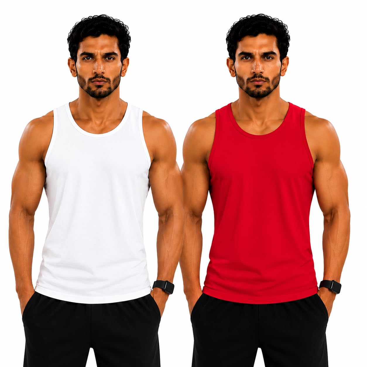 Men's Gym Vest, Round Neck, Polyester, Quick Dry, Pack of 2, White and Red, Sleeveless Tank Top for Workout-picture-55