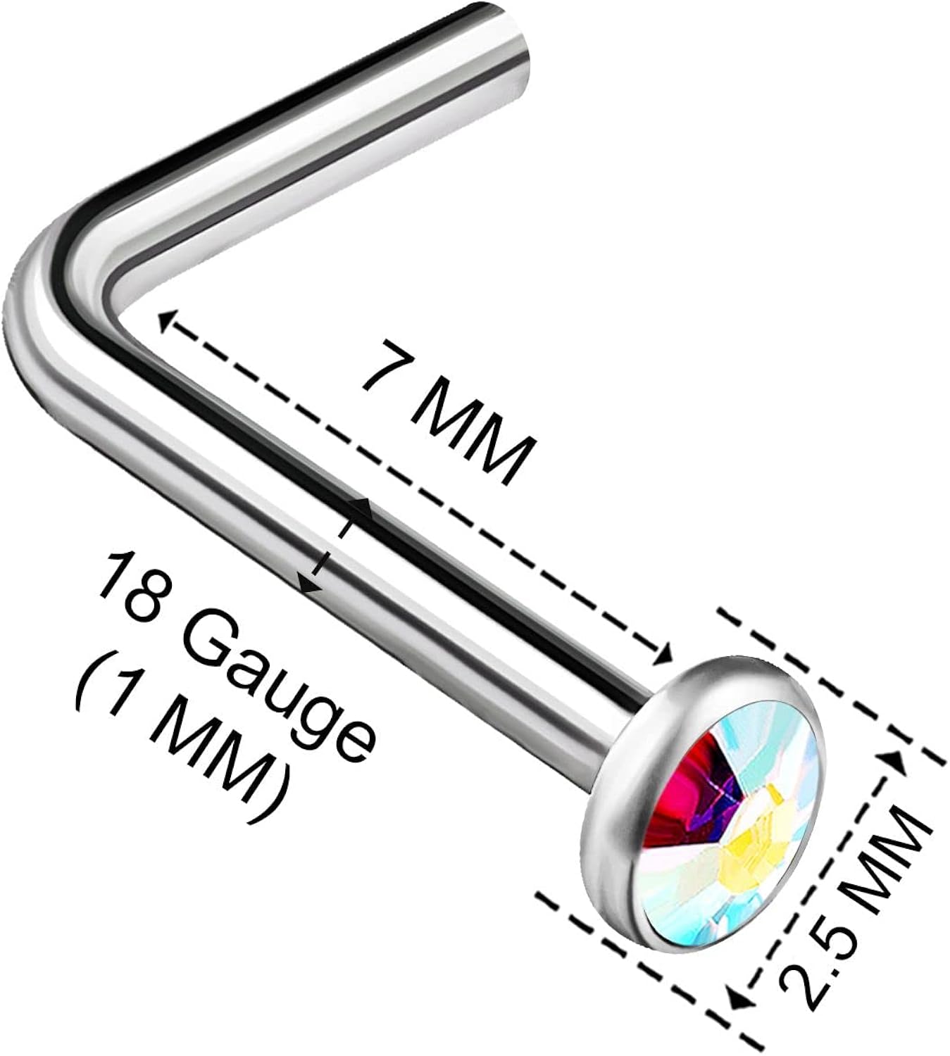 3PCS 316L Stainless Steel L Shaped Nose Rings 18 Guage 7mm Clear Aurora Borealis Crystals