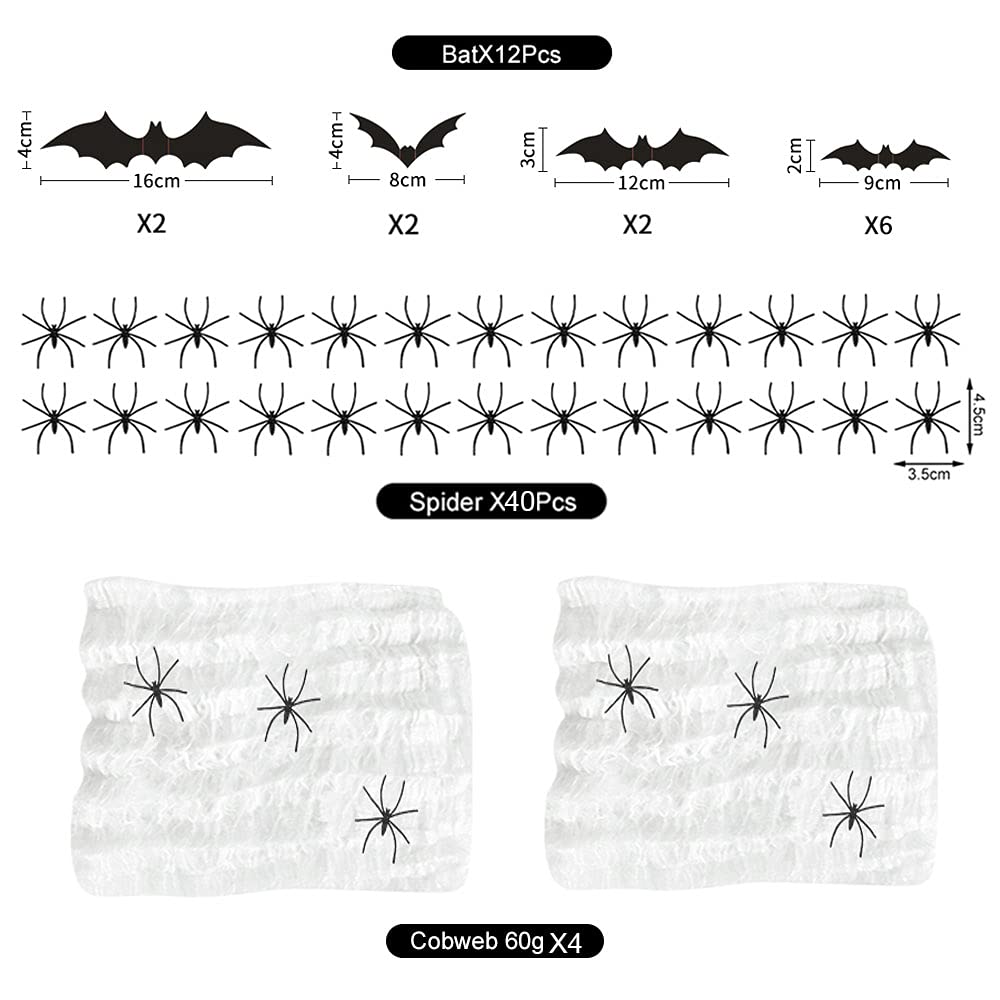Décoration Halloween : 4 Toiles D'araignée (240g), 40 Araignées Et 12 Chauves-souris - Pour Intérieur Et Extérieur