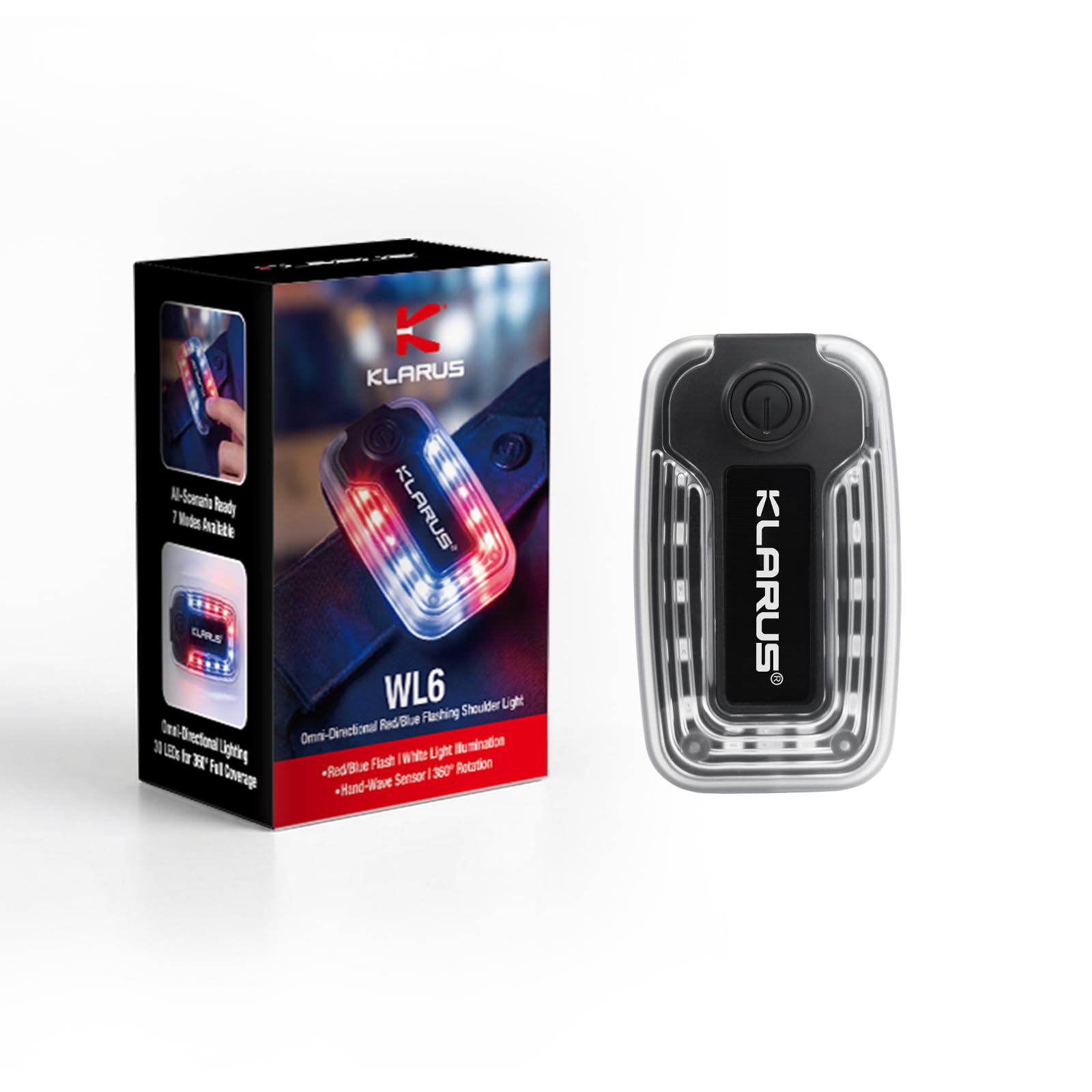 Klarus WL6 Police Shoulder Light with White Reading Light, Red Blue LED Safety Strobe for Duty Belt, Secure Clip-on Rechargeable Hands-Free Warning Flashlight for Law Enforcement, Security, Fire, EMS