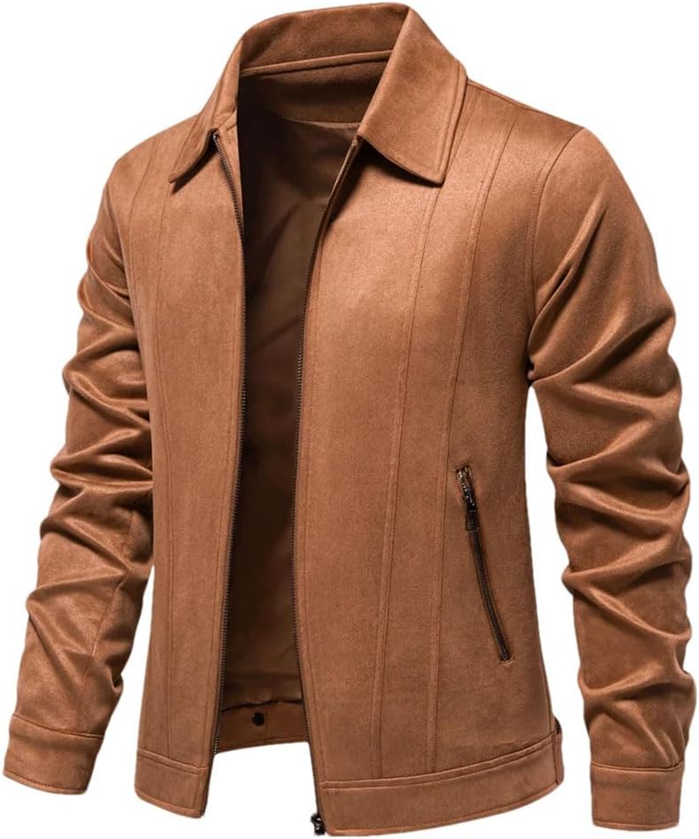 Mens Suede Turn Down Collar Jacket Casual Business Faux Leather Trucker Jackets Coat for Men