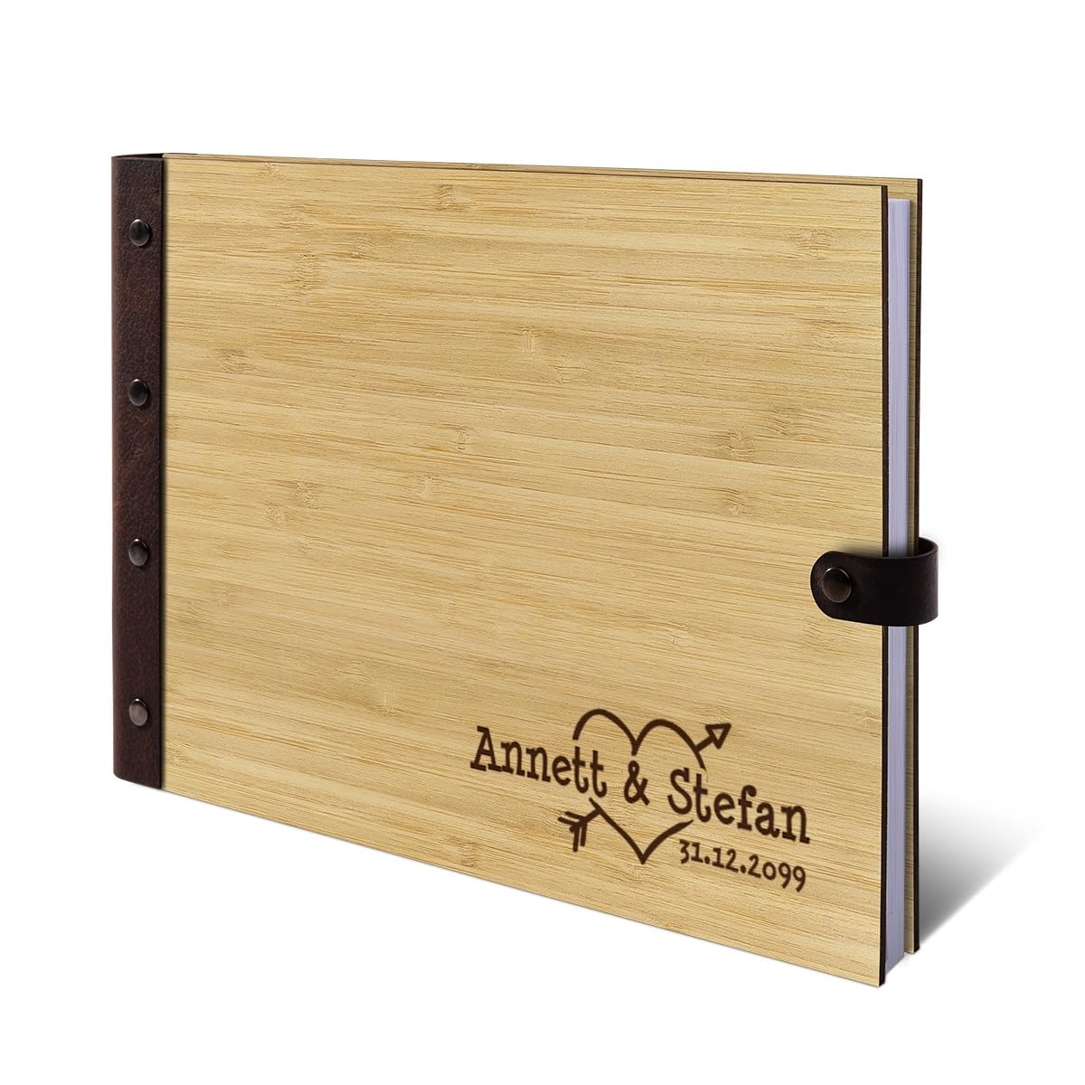 Personalisiertes Hochzeit Gästebuch echtes Holz DIN A4 Hochzeitsbuch mit Lasergravur - Herzpfeil - mit 72 Blatt / 144 Seiten Naturpapier Weiß