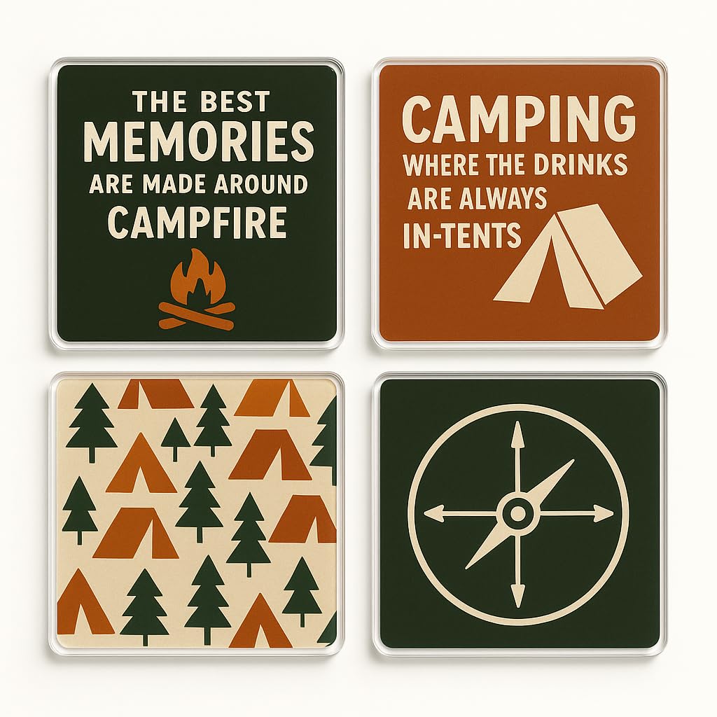 The Plum Penguin Campfire Memories Acrylic Coaster Gift Set Of 4 - Design For Camping Lovers - Decorative Drinkware For Outdoor Enthusiasts