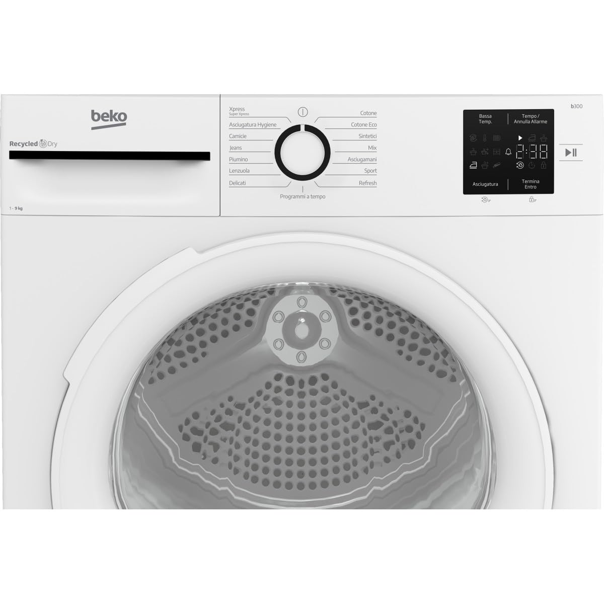 Beko Asciugatrice BMT93EW 9kg, Classe D, Linea Estetica NX, motore asincrono, Display digitale, colore Bianco, oblò Bianco