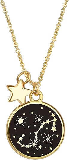 Lauren-Spencer Zodiac Necklace for Women Gold Plated Black Round Disc Constellation Necklace Zodiac Star Charms Astrology Pendant Dainty Zodiac Sign Necklace for Women Birthday Gift
