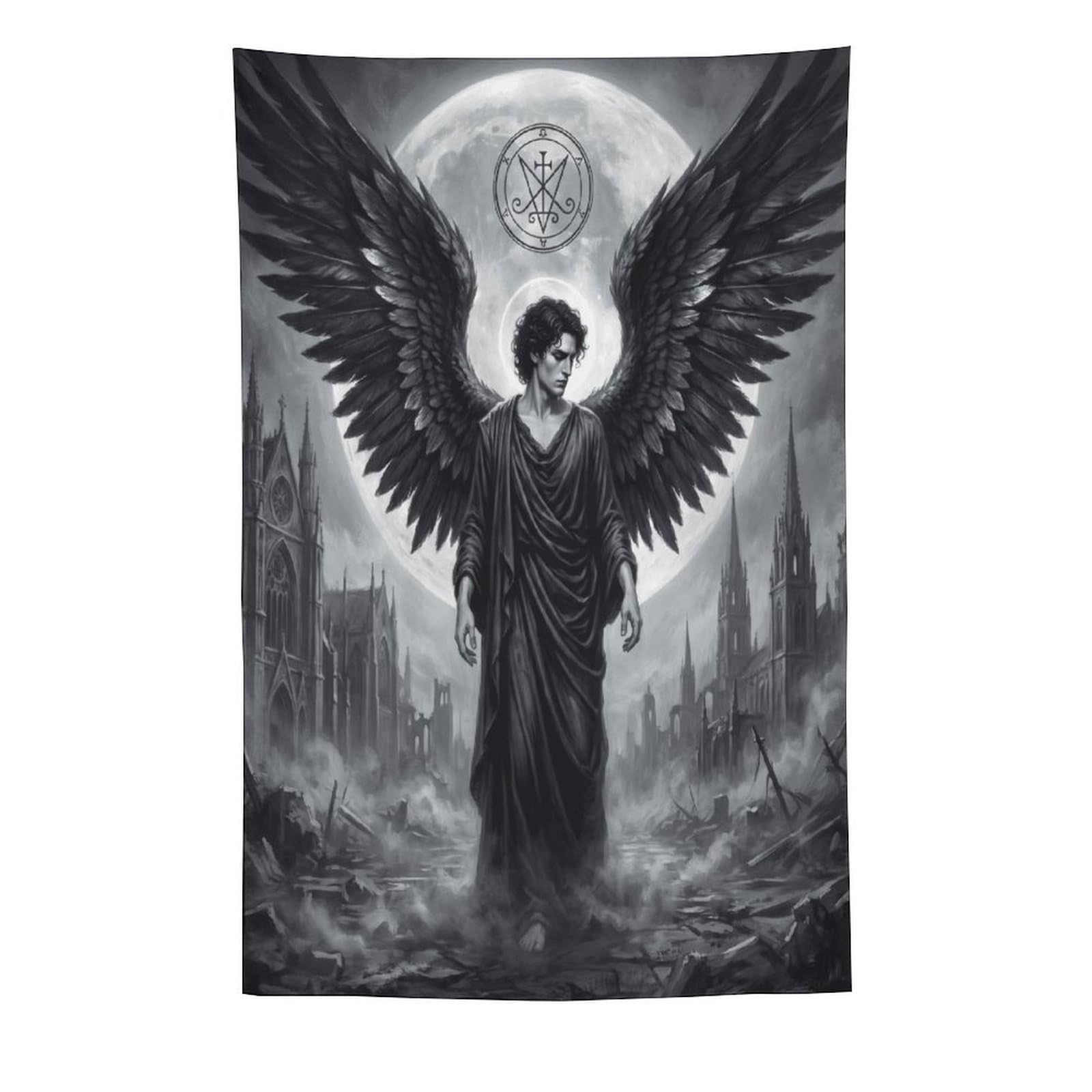 W7C8U2X3 Dark Angel Lucifer Monochrome Wall Tapestry, Gothic Oil Style